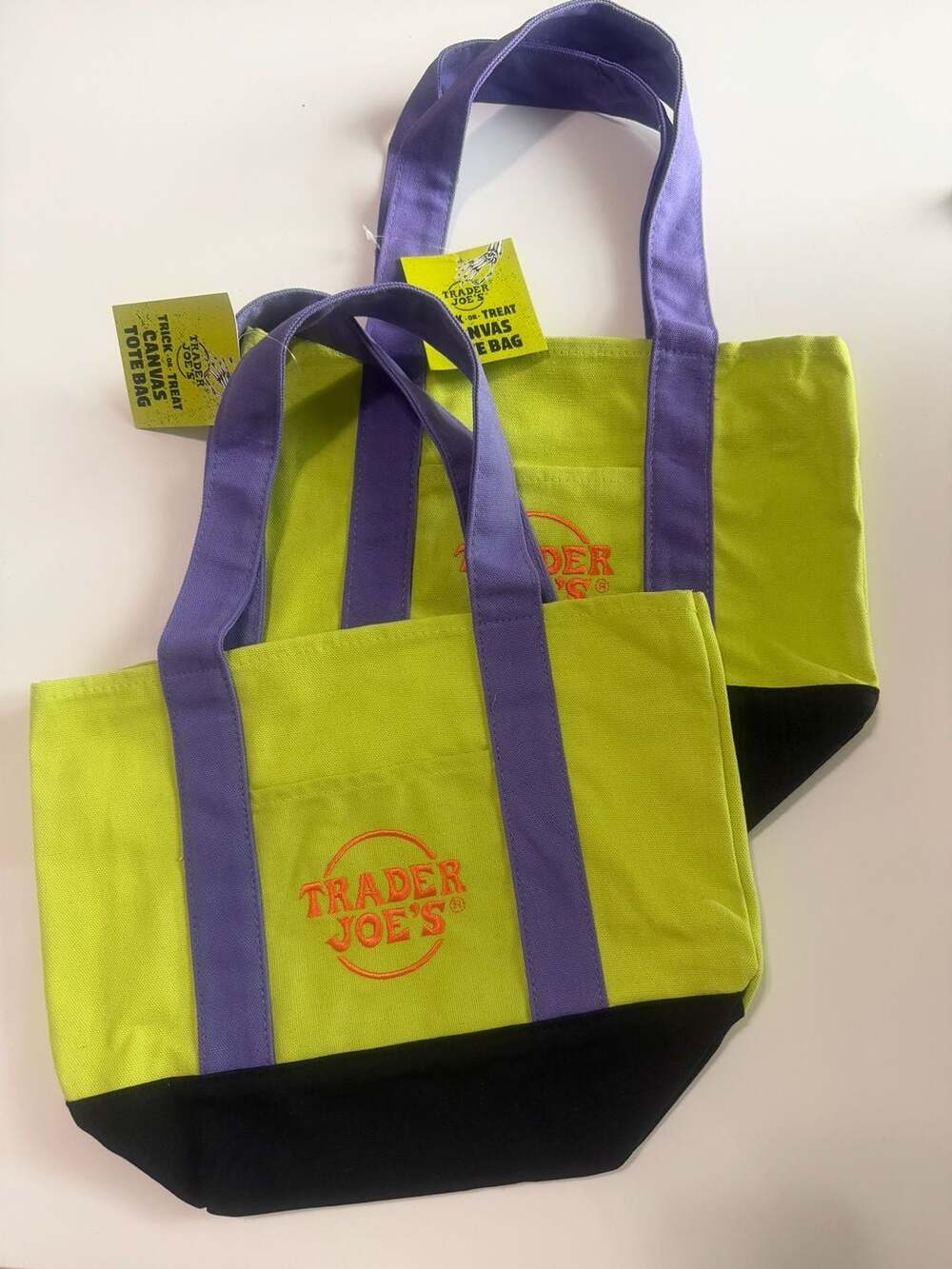 Lot of 2 Trader Joes Mini Halloween Canvas Tote Bag Green Multi Limited Edition